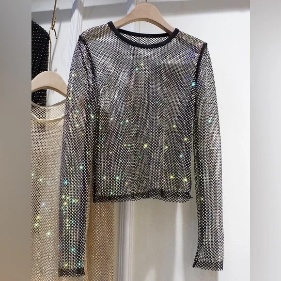 Hot Rhinestone Round Neck Starlight Hollow Shiny Shirt Lady Top Mesh Beach Party - Picture 2 of 4